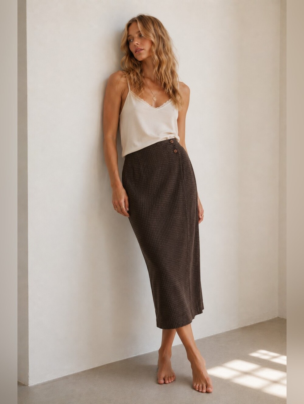 Vintage Express Tricot Dark Academia Houndstooth Wrap Midi Skirt - Small